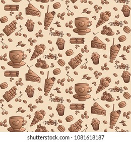 Seamless background with cap of coffee or tea, macaroons, piece of cake, chocolate, ice cream, and vanilla. Vector illustration in modern flat style.