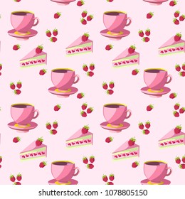 Seamless background with cap of pink tea, piece of cake and raspberries. Vector illustration.
