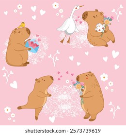 seamless background, capybara, funny capybara, cute, gentle, pastel background, background for kids, love, goose and capybara, hearts background love, pink