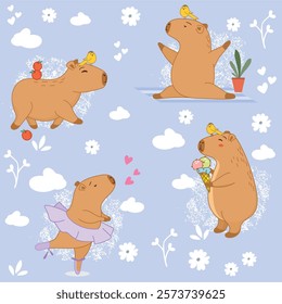 seamless background, capybara, funny capybara, cute, gentle, pastel background, background for kids, love