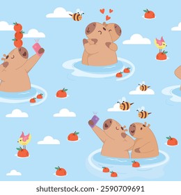 seamless background with capybaras, capybara taking selfie, capybaras hugging, funny background, fabric, purple background, print, print for clothes, cute capybara, capybara, oranges, pond, bees