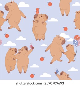 seamless background with capybaras, capybara taking selfie, capybaras hugging, funny background, fabric, blue background, print, print for clothes, cute capybara, capybara, birthday, oranges, clouds