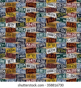 Seamless background with car numbers plates of all 50 usa states. Thirties style.