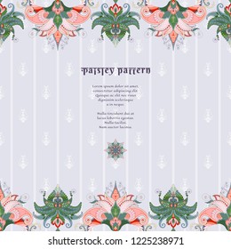 Seamless background for card or invitation. Border of traditional Indian paisley flowers and place for your text