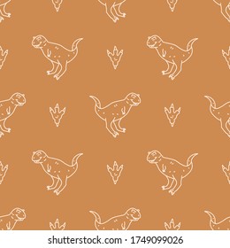 Seamless background Carnotaurus dinosaur with foot print gender neutral baby pattern. Simple whimsical minimal earthy 2 tone color. Kids nursery wallpaper or boho cartoon animal fashion all over print