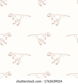 Nahtloser Hintergrund Carnotaurus-Dinosaurier mit Fußdruck geschlechtsneutrales Babymuster. Einfache minimale Erdung 2 Töne Farbe. Kindergartenhintergründe oder Boho-Cartoon-Tiermode auf dem gesamten Druck