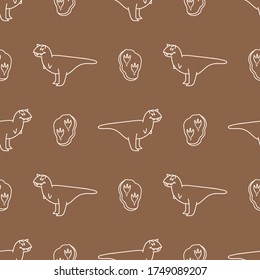Seamless background Carnotaurus dinosaur with fossil gender neutral baby pattern. Simple whimsical minimal earthy 2 tone color. Kids nursery wallpaper or boho cartoon animal fashion all over print.