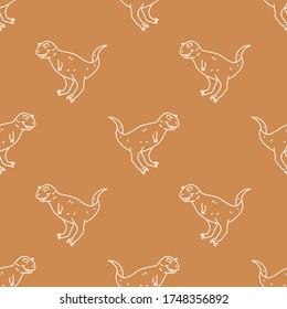 Seamless background Carnotaurus dinosaur gender neutral baby pattern. Simple whimsical minimal earthy 2 tone color. Kids nursery wallpaper or boho cartoon animal fashion all over print.