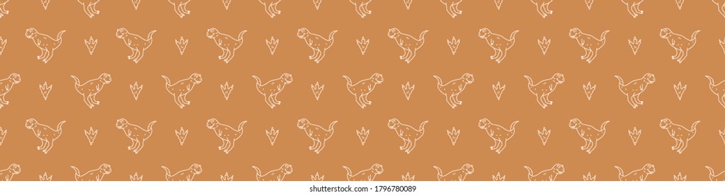 Seamless background Carnotaurus dinosaur gender neutral baby border pattern. Simple whimsical minimal earthy 2 tone color. Kids nursery decor edging fashion ribbon trim.