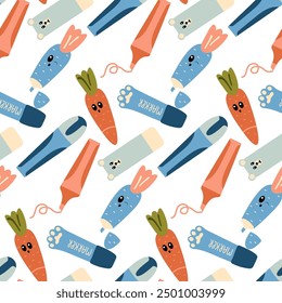 Seamless Background with Carrot, Bear, and Cat's Paw Shaped Stationery Markers