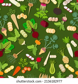 Seamless background with carrot, Beetroot, Celery, Parsley, Daikon, Parsnip, Rutabaga, Turnip, Yellow turnip, Arracacha, Maca, and Red, Black, Chinese radish. Seamless pattern. Vector illustration