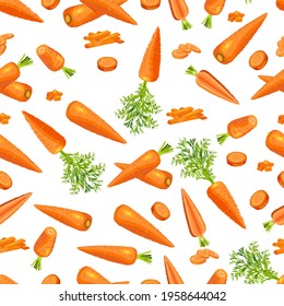 Seamless background of carrots. Whole, a half, slice, diced of carrot. Carrots, cut into strips. Fresh organic and healthy, vegetarian vegetables. Vector illustration isolated on white background.