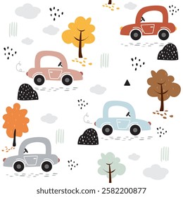 seamless background cars, background boy, autumn, multicolored car, ride, for boy, birth of boy, light, white, gentle, toy, children, cute, trees, forest, travel, fabric