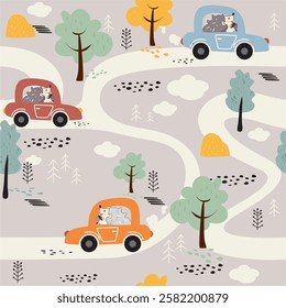 seamless background cars, background boy, autumn, multicolored car, ride, for boy, birth of boy, light, gentle, toy, children, cute, trees, forest, travel, fabric, cute hedgehogs