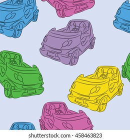 Seamless background with cars. Contour cabriolet. Car Sketch. Vector freehand drawing. For textile printing, packaging, children's projects.