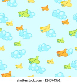 Seamless background with cartoon airplanes and clouds.