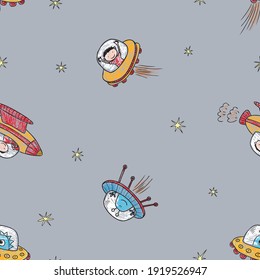 Seamless background of cartoon astronauts and fantastic aliens met in space