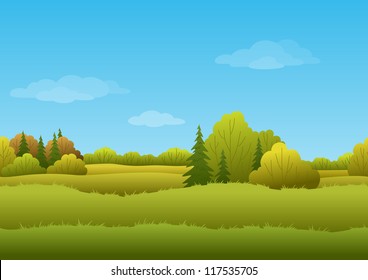 Seamless background, cartoon autumn landscape: forest and sky. Vector