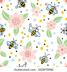 Seamless background with cartoon bees and flowers.