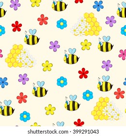 Seamless background with cartoon bees, flowers and honey. Vector illustration