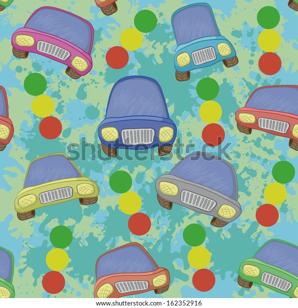 Seamless background, cartoon cars, traffic lights\
and blots. Vector