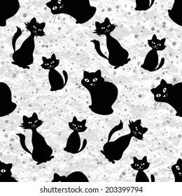 Seamless background, cartoon cats black silhouettes with white eyes and abstract pattern. Vector