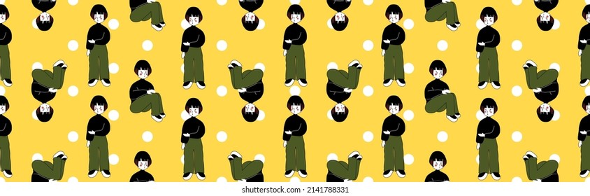 Seamless background with cartoon characters. White polka dots on a yellow background. Seamless pattern. Seamless website banners. Wrapping paper pattern. Patterns for decoration.