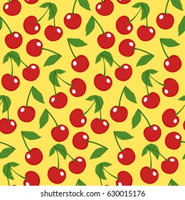 Seamless background of cartoon cherry berries, with leaves. Pattern