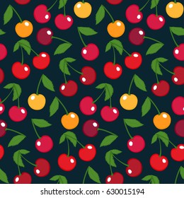 Seamless background of cartoon cherry berries, with leaves. Pattern