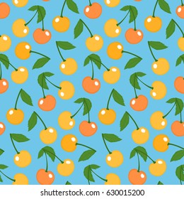 Seamless background of cartoon cherry berries, with leaves. Pattern