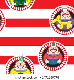 Seamless background of cartoon clown on red and white striped background. Textile paper printing. Vector image. eps 10