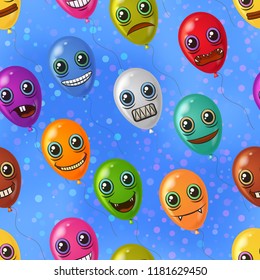 Seamless Background, Cartoon Colorful Balloons with Monster Faces Flying in Blue Sky. Eps10, Contains Transparencies. Vector