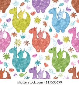 Seamless background, cartoon colorful Dragons, flowers and hearts. Vector