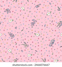 Nahtloser Hintergrund mit Cartoon niedlichen Doodle Blumen, Blätter und bunte Punkte auf rosa Hintergrund. Stoff, Textil, Bildschirmhintergrund Design. Vektorillustration