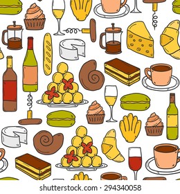 Seamless background with cartoon cute hand drawn objects on french cuisine theme: cheese, wine, macaroon, criossant, pastry. Ethnic travel concept. Great for restaurant menu or food site and app