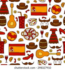 Seamless background with cartoon drawn objects on Spain theme: flag, bull, ball, flamenco, guitar, jamon. Travel europe concept for your design