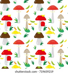 Seamless background with  cartoon forest glade with mushrooms and grebes.Vector illustration can be used in the design of textiles, dishes, postcards, posters.

