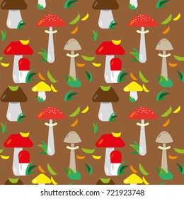 Seamless background with cartoon forest glade with mushrooms.Vector illustration can be used in the design of textiles, dishes, postcards, posters.
