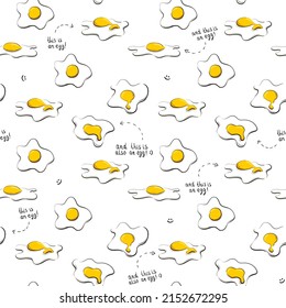 Seamless background of cartoon fried eggs isolated on white. Simple sketch illustration. Handwritting text and arrows. Sunny side-up eggs.