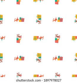 Seamless background of cartoon funny dogs and cats with gifts boxes