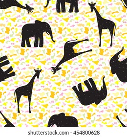 Seamless background with Cartoon giraffes and elephants on spotty background. Seamless pattern can be used for wallpaper, pattern fills, web page backgrounds, surface textures.