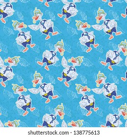 Seamless background, cartoon goose divers and blue pattern with a seashells. Vector