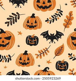 seamless background with cartoon halloween illustrations with pumpkins and bats in autumn composition, vector flat style