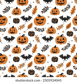 seamless background with cartoon halloween illustrations with pumpkins and bats in autumn composition, vector flat style