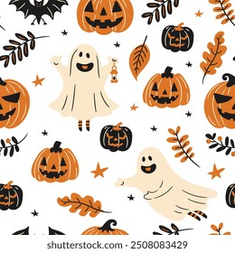 seamless background with cartoon halloween illustrations in autumn composition, vector flat style