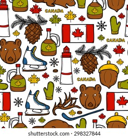 Seamless background with cartoon hand drawn objects on Canada theme: maple syrup, hockey stick, puck, bear, horn, flat. Travel north america concept for your design