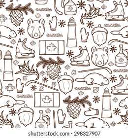 Seamless background with cartoon hand drawn objects on Canada theme: maple syrup, hockey stick, puck, bear, horn, flat. Travel north america concept for your design