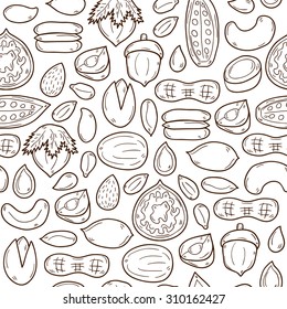 Seamless background with cartoon hand drawn objects on nuts theme: hazelnut, pumpkin and sunflower seeds, peanut, pecan, pistachio, cashew, walnut, acorn, almond, coconut, cocoa. Raw healthy food