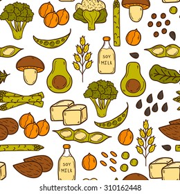 Seamless background with cartoon hand drawn objects on vegan protein source theme: tofy, soya beans and milk, quinoa, lentil, chia. Healthy vegetarian food concept