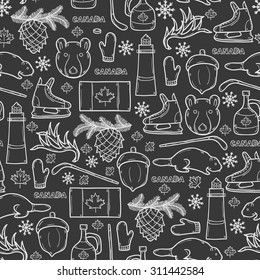 Seamless background with cartoon hand drawn objects on Canada theme: maple syrup, hockey stick, puck, bear, horn, flat. Travel north america concept for your design